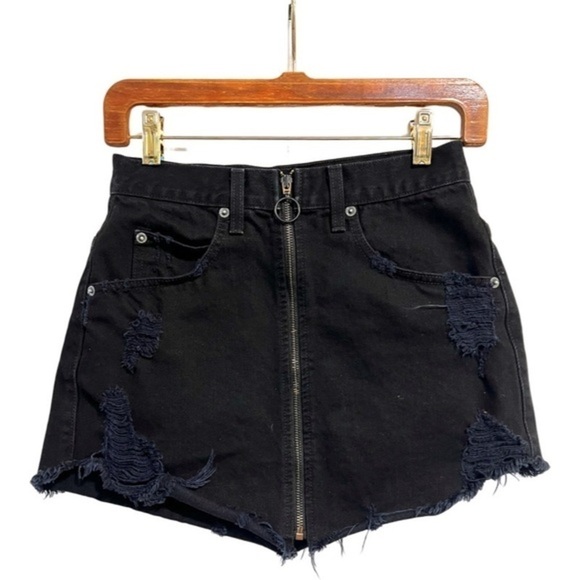 Carmar Black Mini Destroyed Jean Skirt with Front Up and Down Zipper - Picture 1 of 13